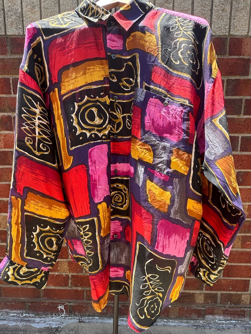 Montage 100% Silk Button-Up Abstract Shirt Men’s Vintage Style Luxury Statement